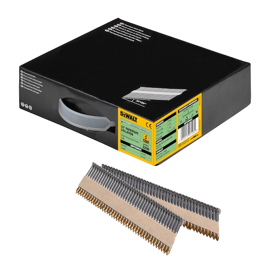 3/4 view box of 63mm papertape bright ring shank framing nails with x2 strips of nails in foreground