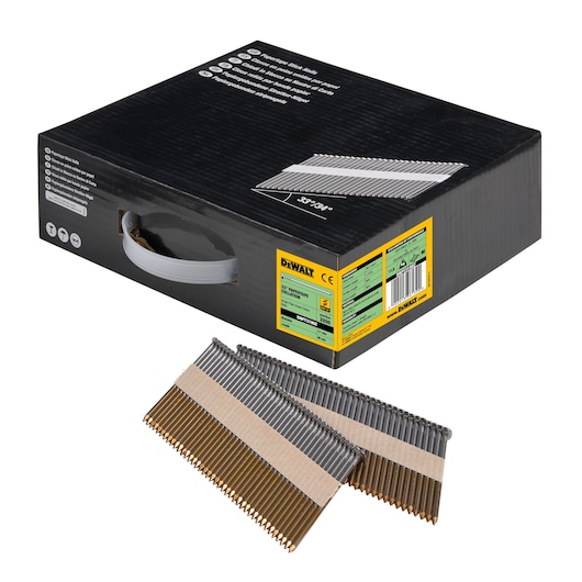 3/4 view box of 90mm papertape bright plain shank framing nails with x2 strips of nails in foreground