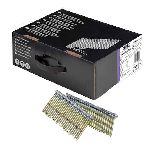 3/4 view box of 50mm wire-weld galvanized ring shank framing nails with x2 strips of nails in foreground