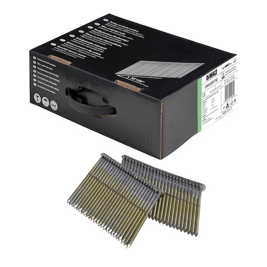 3/4 view box of 75mm wireweld ring shank framing nails with x2 strips of nails in foreground
