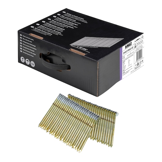 3/4 view box of 90mm wireweld galvanized ring shank framing nails with x2 strips of nails in foreground