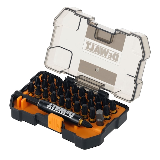 Limited Edition DEWALT/McLaren screwdriver bit set in case, angled view