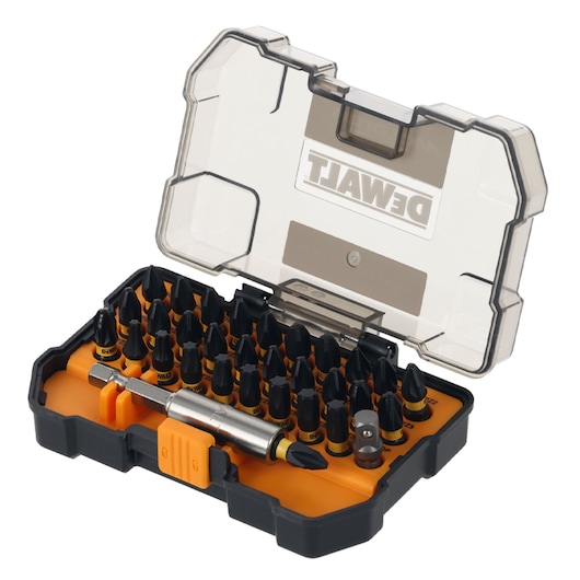 Limited Edition DEWALT/McLaren screwdriver bit set in case, angled view