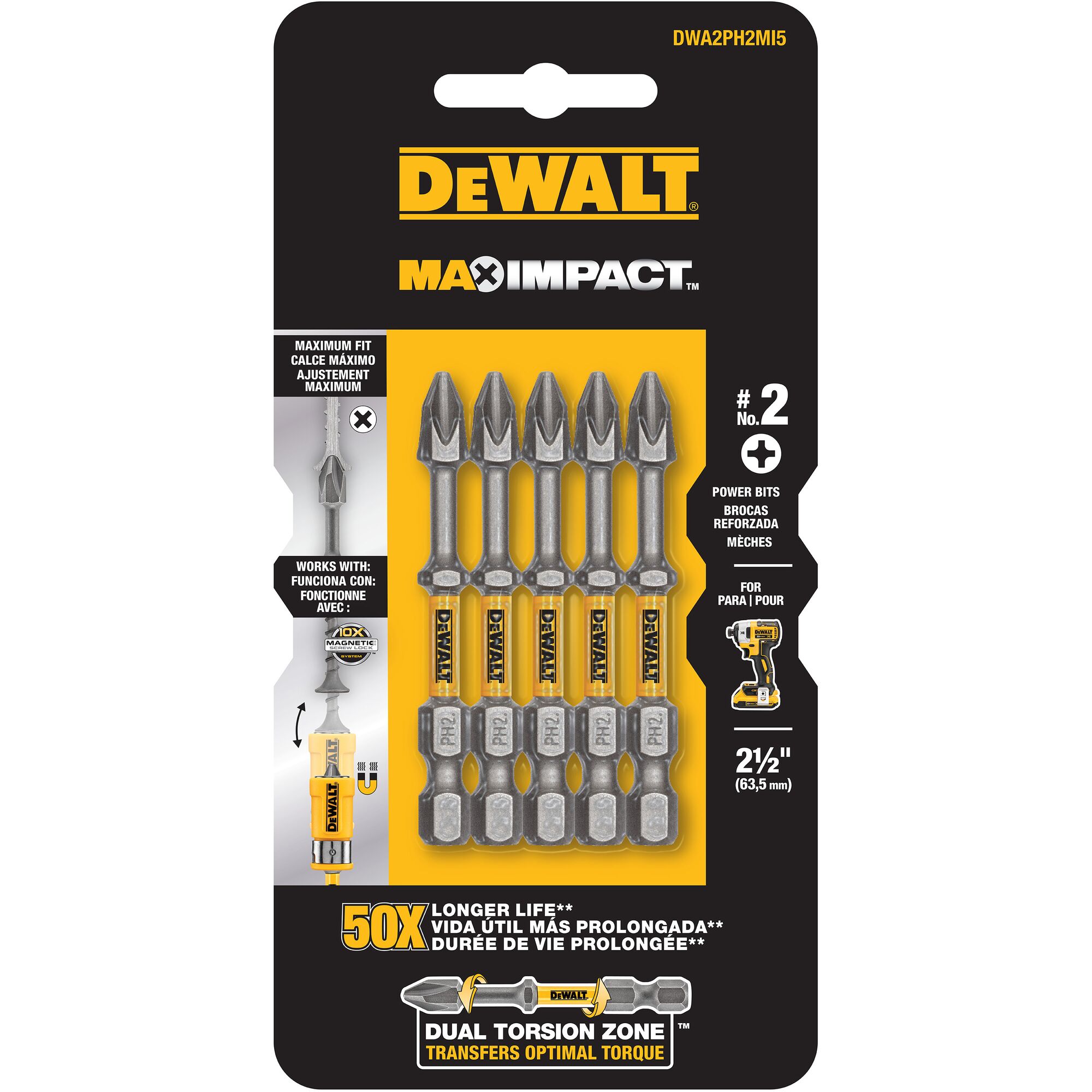 MAX IMPACT 63.5MM PH2 POWER BIT 5 PACK DEWALT