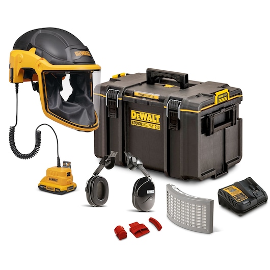 Dewalt All-in-one Powered Air Purifying Respirator with accessories and kit box